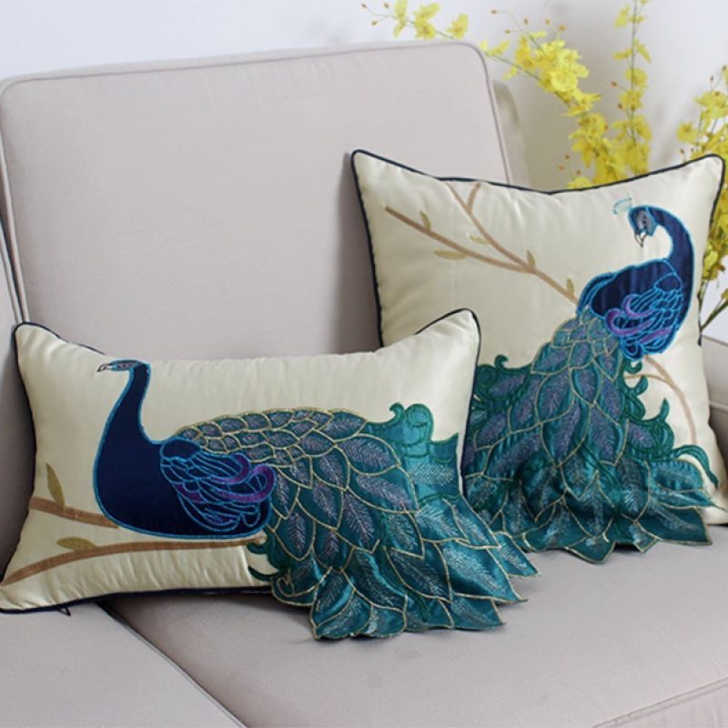 Peacock Jacquard Embroidered Cushion Cover 30×50/45x45cm