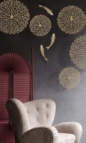 Exquisite Golden Fishes with Lotus Leaf & Coral Copper Wall Décor