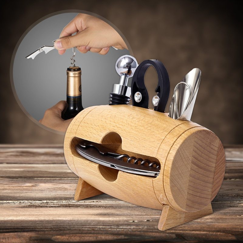 Fun Wooden Barrel Novelty Design Wine Opener Set 4 Pcs