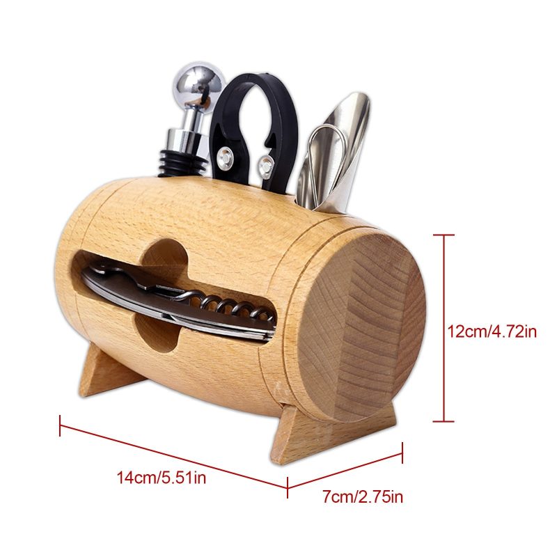 Novelty Design Wine Opener Set - 4 Pcs Wooden Barrel - Image 2