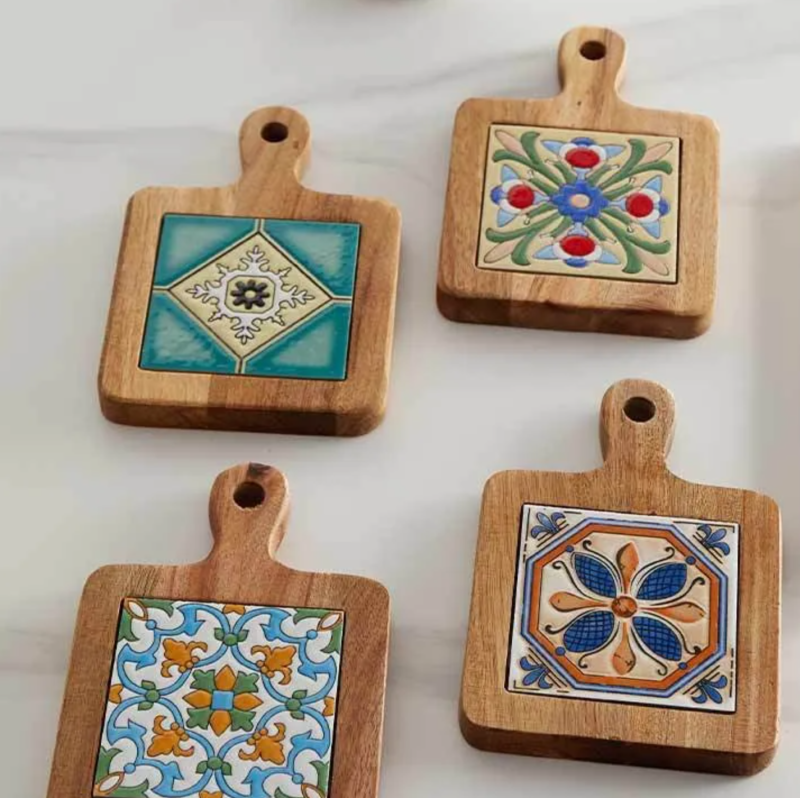 Moroccan Style Heat Resistant Ceramic Trivet with Wooden Base