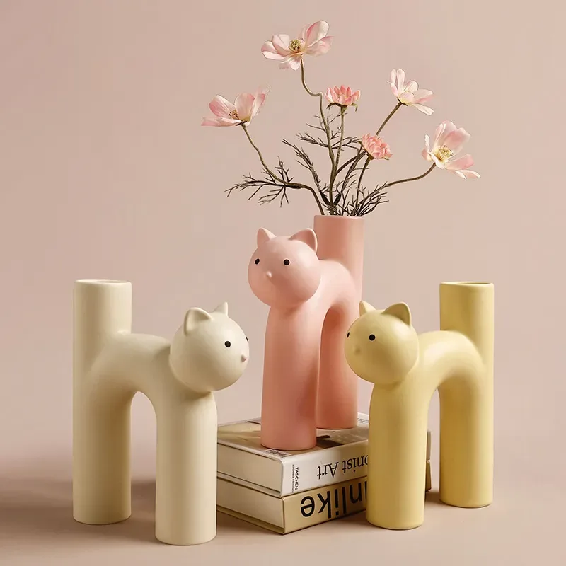 Cat Shape Ceramic Dried Flower Vase Novelty Pots