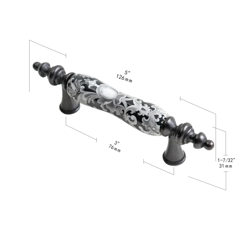 Black with floral patterns Retro Style Ceramic Wardrobe Cupboard Door Handle