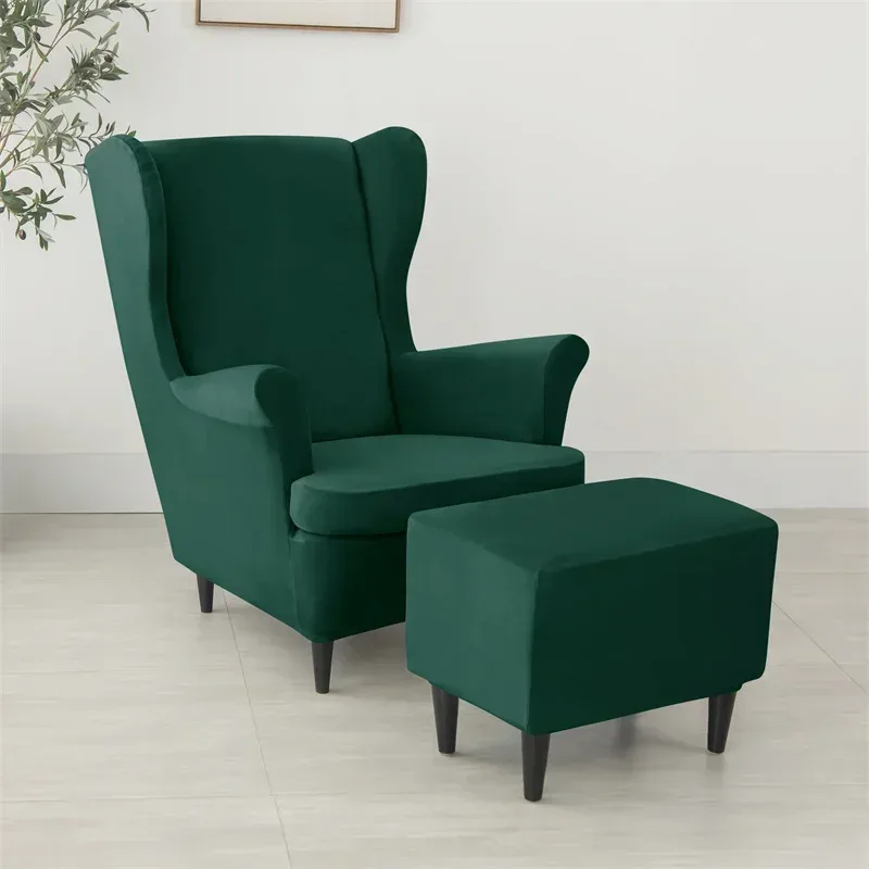 Velvet Stretch 2 Pcs /Set Wingback Armchair Cover With Separate Cushion Seat & Ottoman Cover