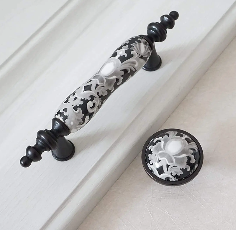 Black with floral patterns Retro Style Ceramic Wardrobe Cupboard Door Handle