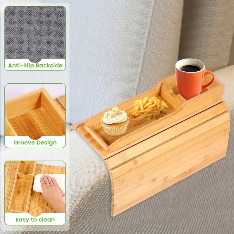 Bamboo Couch Caddy — Remote Holder & Cup Holder for Couch Armrests Couch Caddy Remote Control Holder for Couch Recliner, Non Slip Armrest Organizer