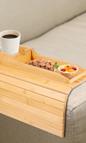 Bamboo Couch Caddy — Remote Holder & Cup Holder for Couch Armrests