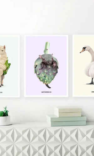 Animal & Fruit Hybrid Art Posters — Humorous, Minimalist Illustrations