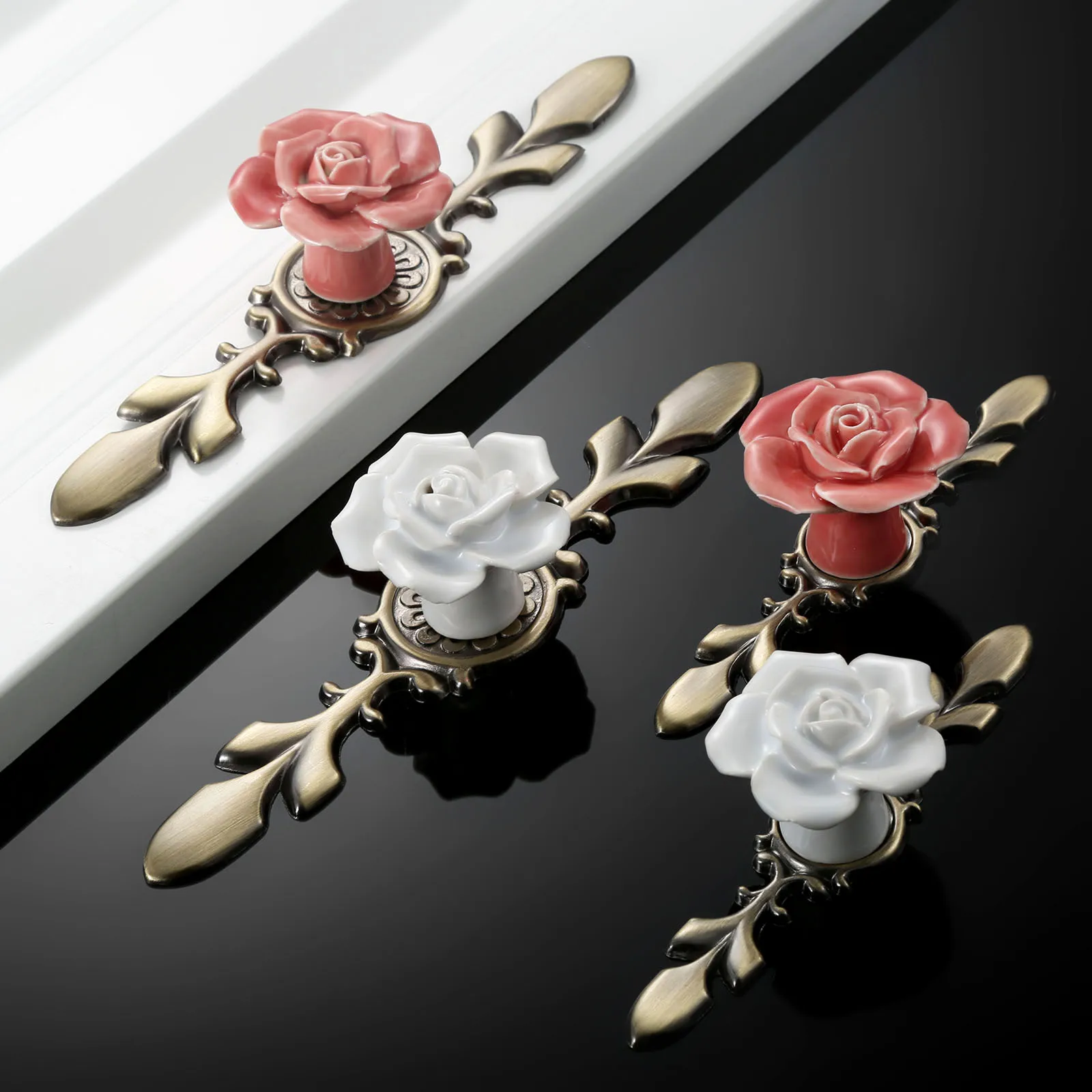 Traditional Cabinet Pulls kitchen cabinet handles-white and pink ceramic roses