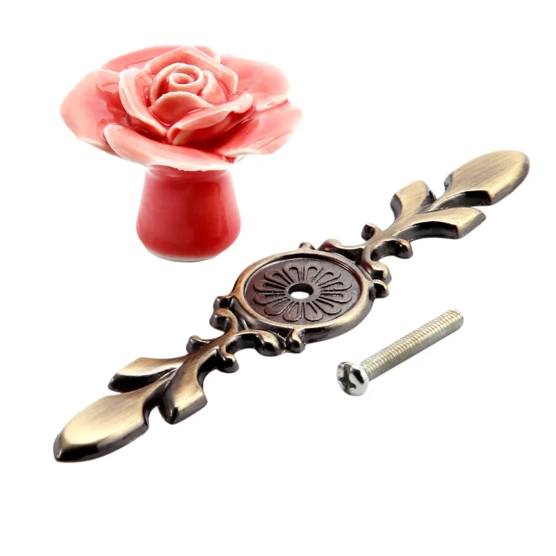 Traditional Cabinet Pulls kitchen cabinet handles-white and pink ceramic roses