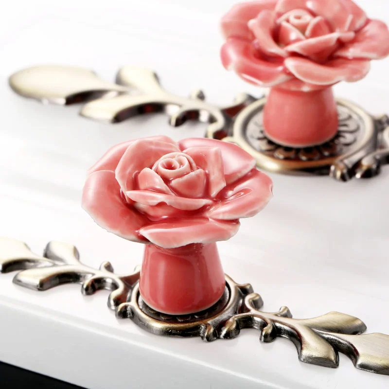 Traditional Cabinet Pulls kitchen cabinet handles-white and pink ceramic roses
