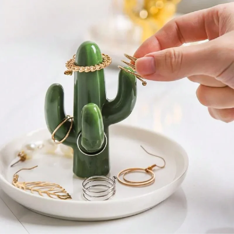 Jewellery Display Organizer Novelty Ring Holder Glazed Ceramic Cactus & Aloe