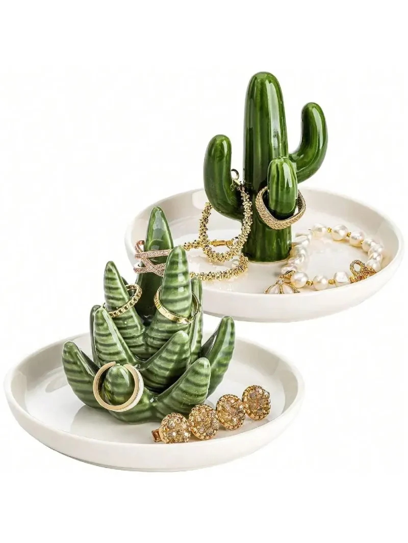 Jewellery Display Organizer Novelty Ring Holder Glazed Ceramic Cactus & Aloe