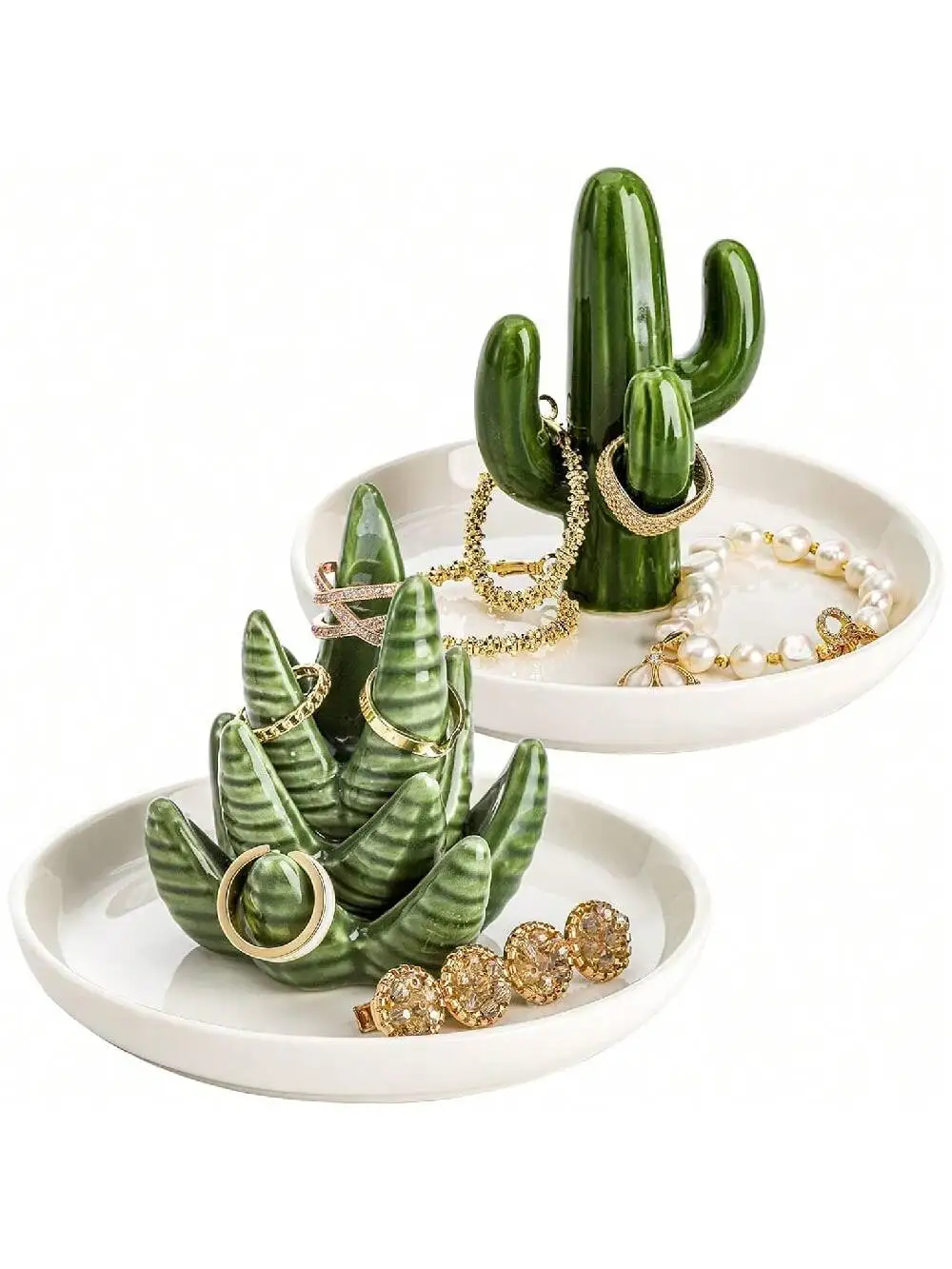 Jewellery Display Organizer Novelty Ring Holder Glazed Ceramic Cactus & Aloe