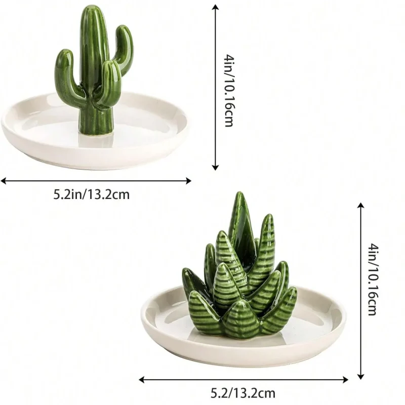 Jewellery Display Organizer Novelty Ring Holder Glazed Ceramic Cactus & Aloe