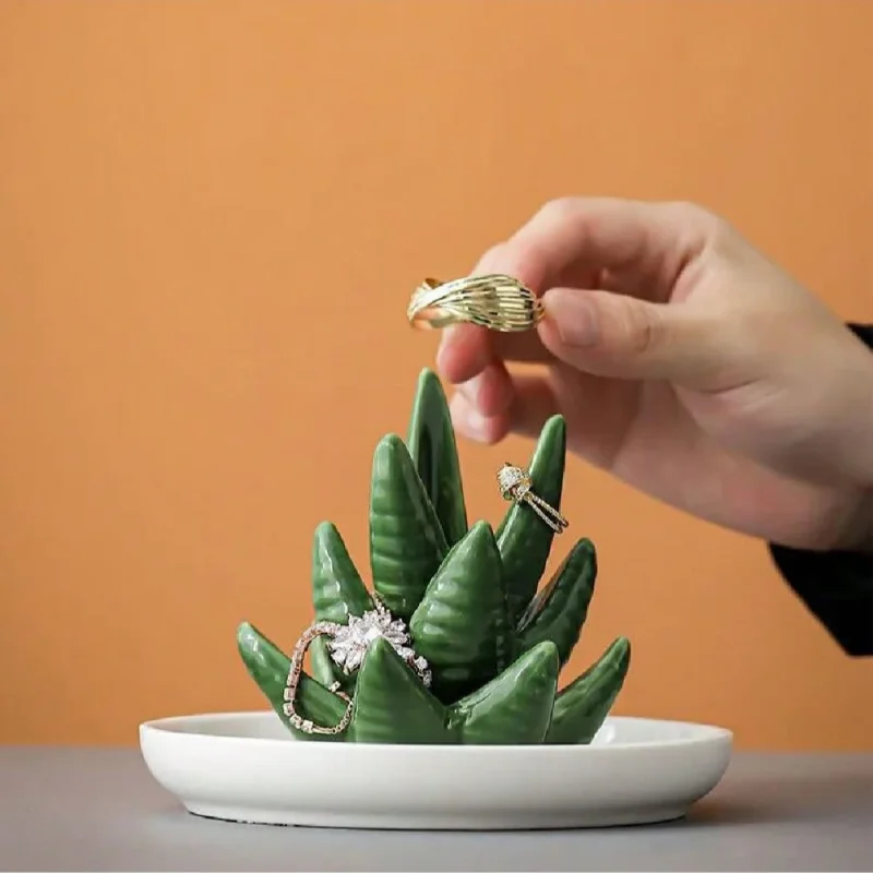 Jewellery Display Organizer Novelty Ring Holder Glazed Ceramic Cactus & Aloe