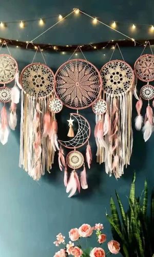 Large Dream Catcher — Feather Moon & Stars, Handmade Set of 5