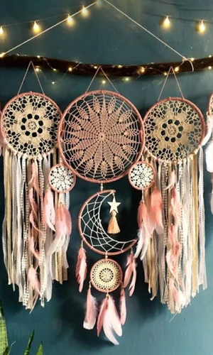 Large Dream Catcher — Feather Moon & Stars, Handmade Set of 5