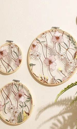 Floral Embroidery Hoop Art — Pink Dream Wall Hanging Set of 4