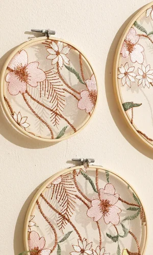 Floral Embroidery Hoop Art — Pink Dream Wall Hanging Set of 4