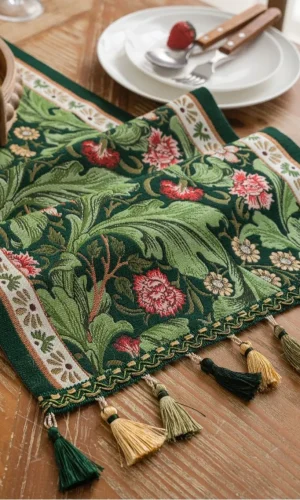 William Morris Table Runner with Tassels Jacquard 72-94 Inches