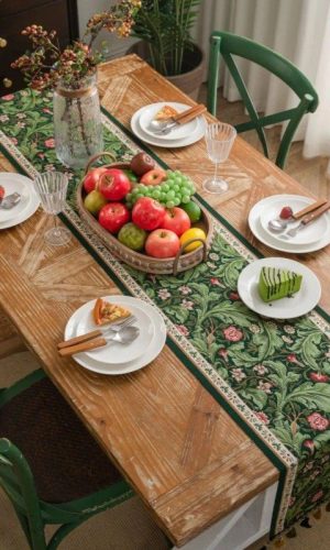 William Morris Table Runner with Tassels Jacquard 72-94 Inches