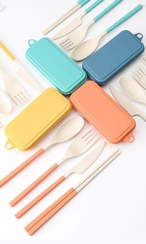 Travel Cutlery Set 4pc with Mini Box-Foldable Wheat Straw