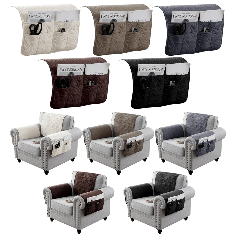 Armrest Cover & Headrest Cover Set with storage pockets quilted water repellent