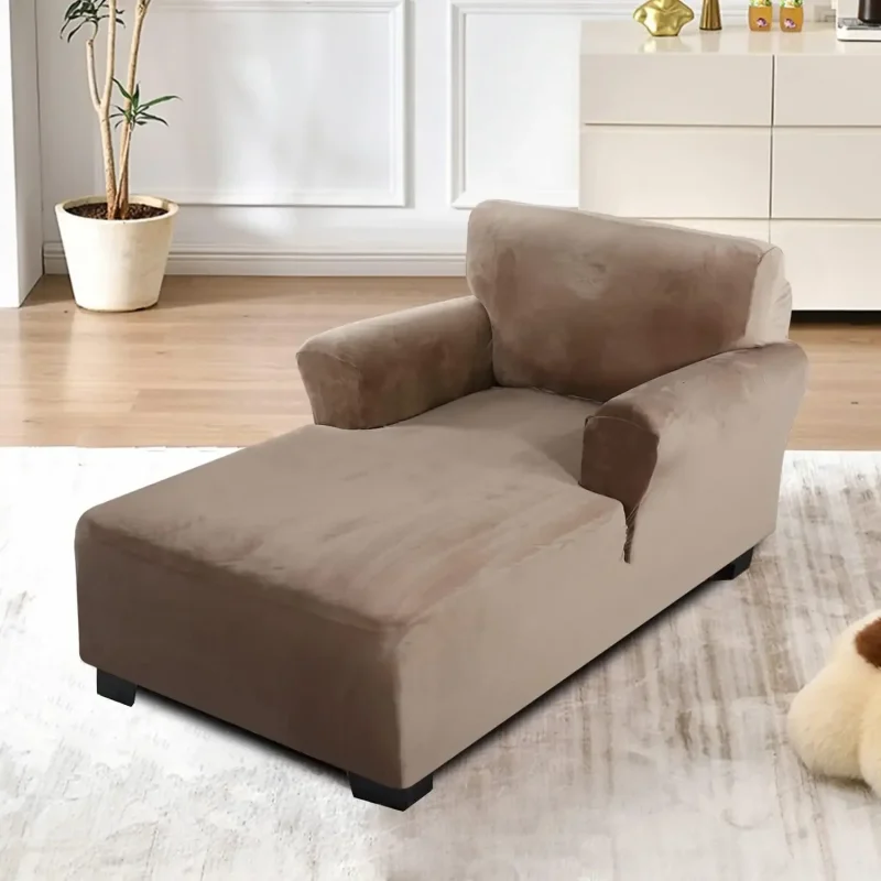 Chaise Lounge Chair Cover Stretch Velvet 1 Seater Chaise Slipcover with Armrests
