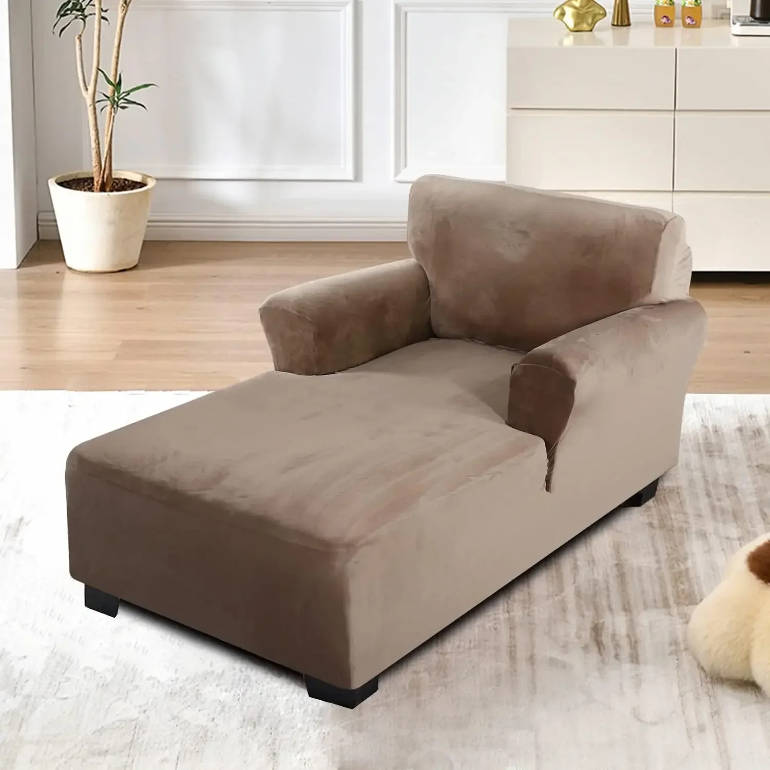 Chaise Lounge Chair Cover Stretch Velvet 1 Seater Chaise Slipcover with Armrests